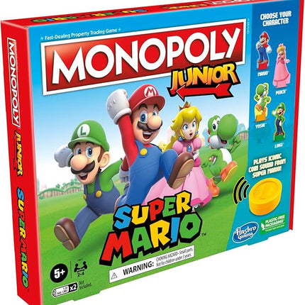 Monopoly Junior Super Mario Edition Board Game, Fun Kids' Ages 5 and Up, Explore The Mushroom Kingdom as Mario, Peach, Yoshi, or Luigi (Amazon Exclusive)