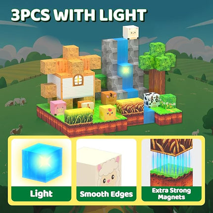 Magnetic Blocks - 138 PCS Building Blocks Set with 3 Light-Up Blocks, STEM Construction Cubes Toys for Kids 4-8, Toddler Sensory Stacking Toys, Christmas Birthday Gift for Boys and Girls Ages 3+