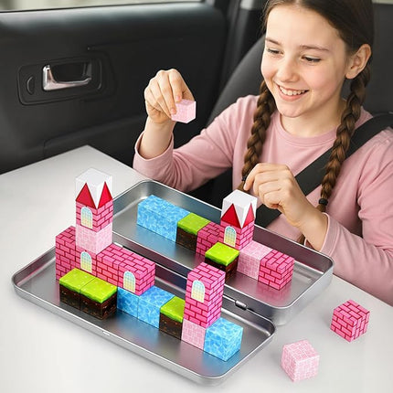 3 otters 32PCS Magnetic Blocks, Toddler Travel Toys Castle Magnetic Building Cubes STEM Learning Toys for Kids Gifts for Girls 3 4 5 6 7 8