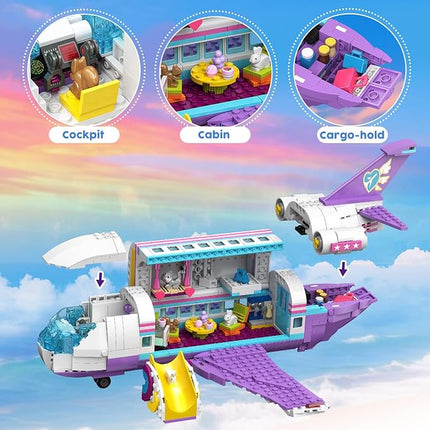 HOGOKIDS 3-in-1 Friends Airplane Building Toy Set - 808PCS Plane/Boat/Camper Van Building Toys with Cute 6 Mini Animals, Slide, Fun Accessories and Stickers, Birthday Gifts for Girls Boys Age 8-12+