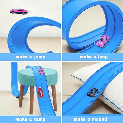 Flexible Race Car Ramp Track for Kids Toy 4 Small Race Cars and 8 Suction Cups Compatible with Hot Wheels and Diecast 1/64th Cars, Rolls Up Portable Racetrack for Ages 3 & Up (Light Blue)