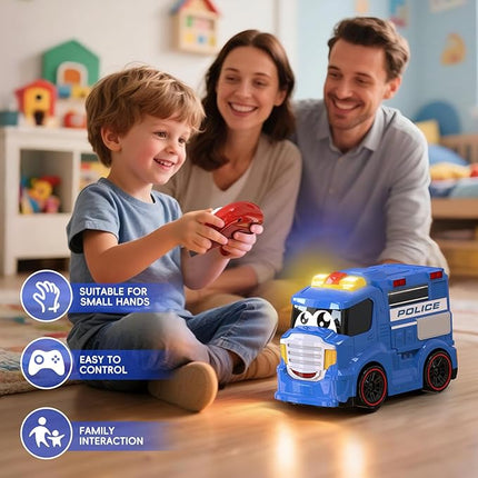 Remote Control Police Car Truck Toy Cars for Toddlers 1-3 with Sirens & Flashing Lights Cartoon RC Emergency Vehicle for Kids 3-5 Boys & Girls