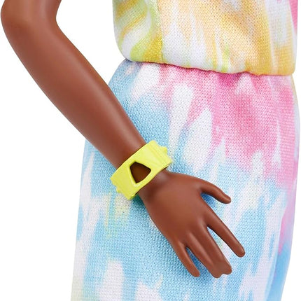 Barbie Fashionistas Doll, Tall, Blonde Afro with Side Puffs, Tie-dye Romper, Sneakers, Yellow Bracelet, Toy for Kids 3 to 8 Years Old