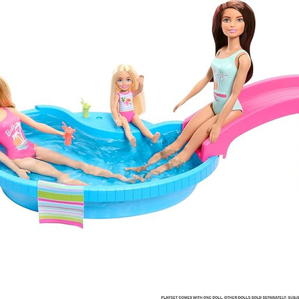 Barbie Doll & Pool Playset, Brunette in Seafoam Blue One-Piece Swimsuit with Pool, Slide, Towel & Drink Accessories