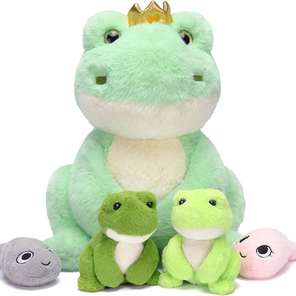 IKASA Mommy Frog Stuffed Animal Mom and Baby Plush Toy, Cute 14" Soft Small Mama Family Set Cuddly Toy with Little Mini Babies,Gifts for Kids