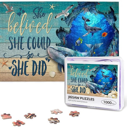 Ocean Jigsaw Puzzles 1000 Pieces for Adults, Majestic Whales & Inspirational Quotes, Motivational Sea Life Art Wooden Puzzle for Stress Relief, Empowering Home Decor