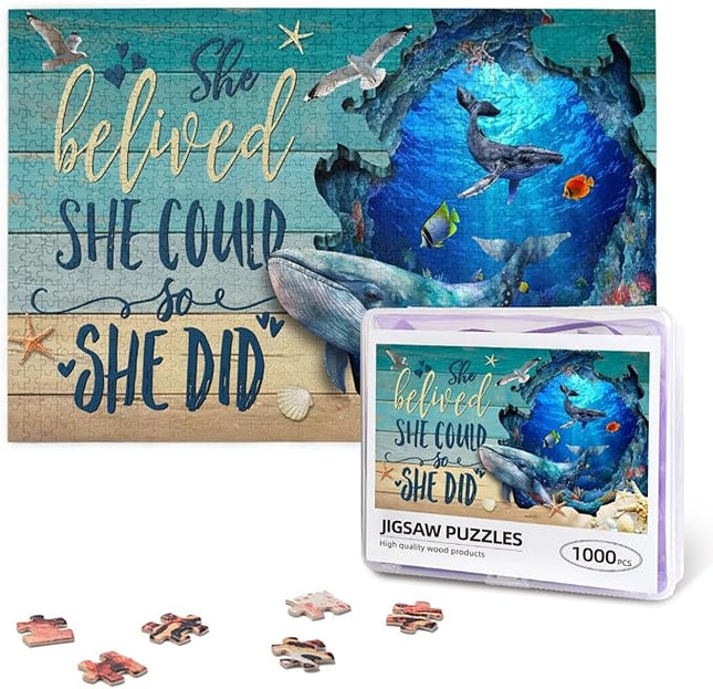 Ocean Jigsaw Puzzles 1000 Pieces for Adults, Majestic Whales & Inspirational Quotes, Motivational Sea Life Art Wooden Puzzle for Stress Relief, Empowering Home Decor