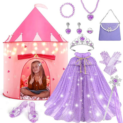 WTOR 15Pcs Princess Castle Play Tent Dress Up with LED Glow in The Dark Stars for Little Girls－Princess Dress Up Cape with Crown,Girl Play Tent/House Toy for Indoor & Outdoor Use (Purple)