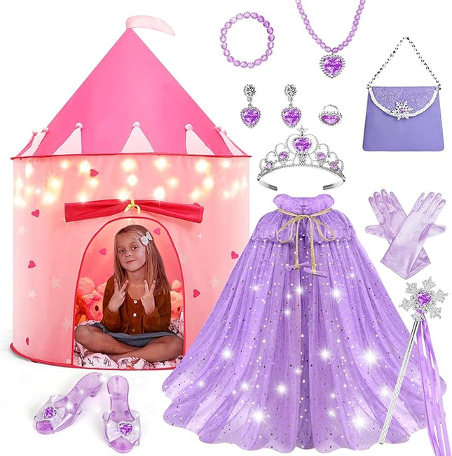 WTOR 15Pcs Princess Castle Play Tent Dress Up with LED Glow in The Dark Stars for Little Girls－Princess Dress Up Cape with Crown,Girl Play Tent/House Toy for Indoor & Outdoor Use (Purple)