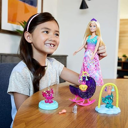 Barbie Dreamtopia Dragon Nursery Playset Princess Doll, Baby Dragons, Cradle and Accessories, Multi