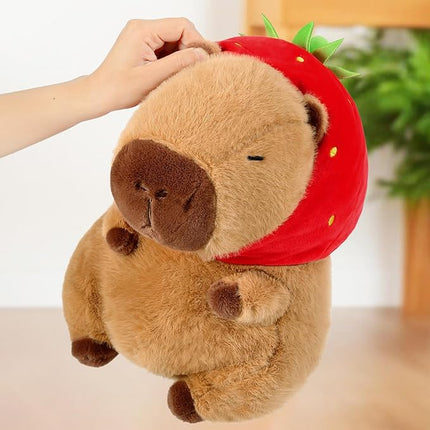 Ditucu Cute Capybara Plush Wear Strawberry Hat Soft Capibara Stuffed Animal Plushies Toys Hugging Gifts for Kids Brown 13 inch