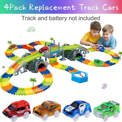 Tracks Cars Magic Light Up Track Cars Toy Glow in The Dark for 3 4 5 6 7 8 Kids Boy Girl, Race Cars with 5 LED Flashing Light Battery Operated Vehicle Compatible w/Most Tracks (4Pcs)