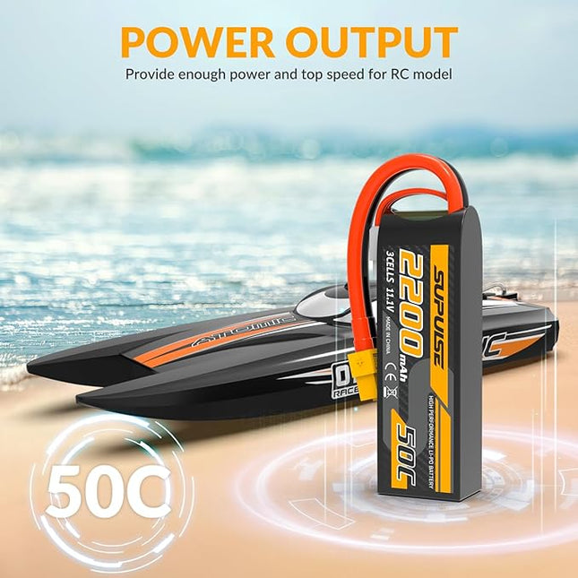 SUPULSE 11.1V 3S Lipo Battery 50C 2200mAh Soft Case Battery with T Plug and XT60 Plug for RC Airplane Helicopter RC Boat RC Car Truck(2 Packs)