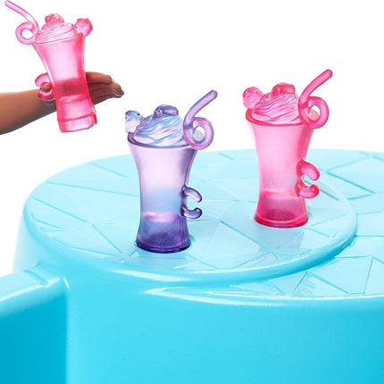 Barbie Doll & Pool Playset with Accessories that Include a Pink Slide, Beverages & Towel, Brunette Fashion Doll in Floral Swimsuit