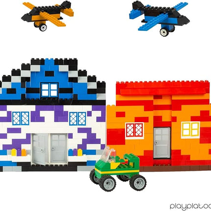 Play Platoon 1100 Pieces Building Bricks Set - 10 Classic Color Blocks - Bulk Building Blocks Compatible with Major Brands, 14 Different Shape Bricks - Includes Wheels, Tires, Axles, Windows & Door