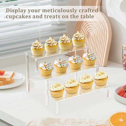 Acrylic Riser,2 Pcs Clear Display Risers Stand Cologne Organizer Acrylic Shelves 3 Tier Shelf for Amiibo Funko POP Figures Cupcake Food Desserts Holder Perfume Collection Cosmetic Product