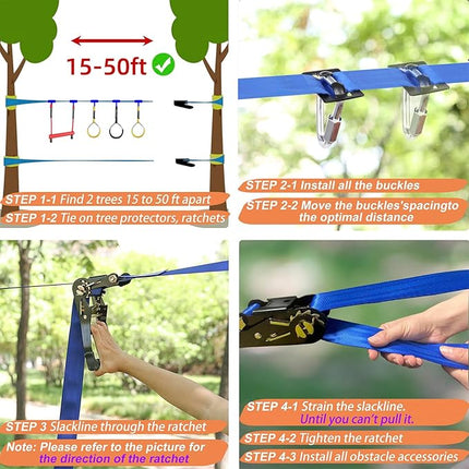 Ninja Warrior Obstacle Course for Kids,2×56ft Slackline Kit with 8 Ninja Accessories+Fast-Setup Buckles- Monkey Bar,Rope Ladder,Gymnastic Ring,Arm Trainer and Monkey Fist,Supports 880 lbs