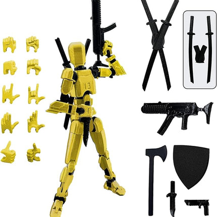 (Assembly Completed) 3D Printed Figure 5.54-inch Dummy13 with Weapon Expansion Set, Full Body Mechanical Movable Toy, Desk Decoration. (Yellow)