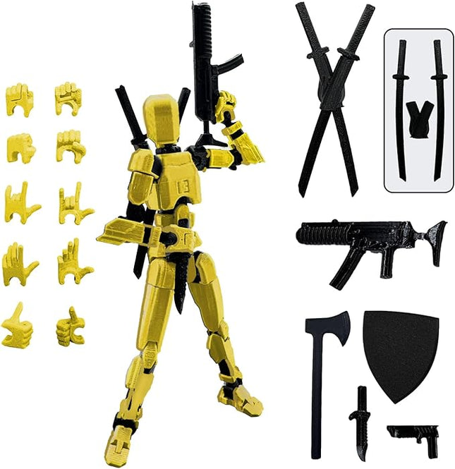 (Assembly Completed) 3D Printed Figure 5.54-inch Dummy13 with Weapon Expansion Set, Full Body Mechanical Movable Toy, Desk Decoration. (Yellow)