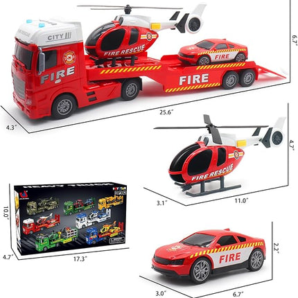 Toddler Boy Toys for 4 5 6 Year Old - 25'' Large Fire Truck Toy with Helicopter and Racing Car - Flatbed Semi Truck Firetruck Toy Birthday Gift with Sound, Light, 28pcs Traffic Signs, Kids Toys