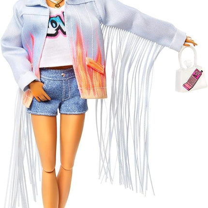 Barbie Extra Doll & Accessories with Rainbow Braids in Long-Fringe Denim Jacket with Pet Puppy and Car for Pet