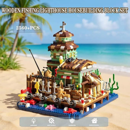 Wooden Fishing Lighthouse House Building Blocks,Village Store Mini Building Blocks Set, Construction Model for Adults Teens Kids Boys Girls 14+