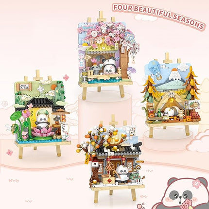 MEIEST Panda Mini Building Blocks Cute 3D Painting Model Set,Creative 4 Seasons' Views Collection Construction Building Bricks Toy,Home Decor (Spring-Cherry Blossom)