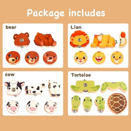 HUZU Animal Snap Wooden Building Blocks – Fun & Educational Puzzle Toy for Kids Aged 3-8, Features Cow, Bear, Lion and Turtle, Matching Game with Interchangeable Animal Faces & Emotions