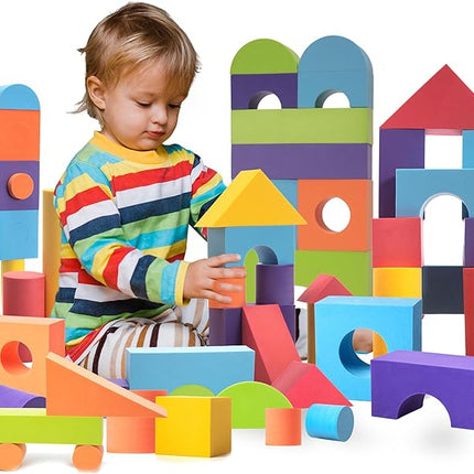 Set of 34 Large Foam Blocks for Toddlers - Stacking Soft Blocks for Kids with Shapes & Colors Learning - Construction Building Preschool Toys - Soft Toy for Daycare Toddlers 3-5 & Above
