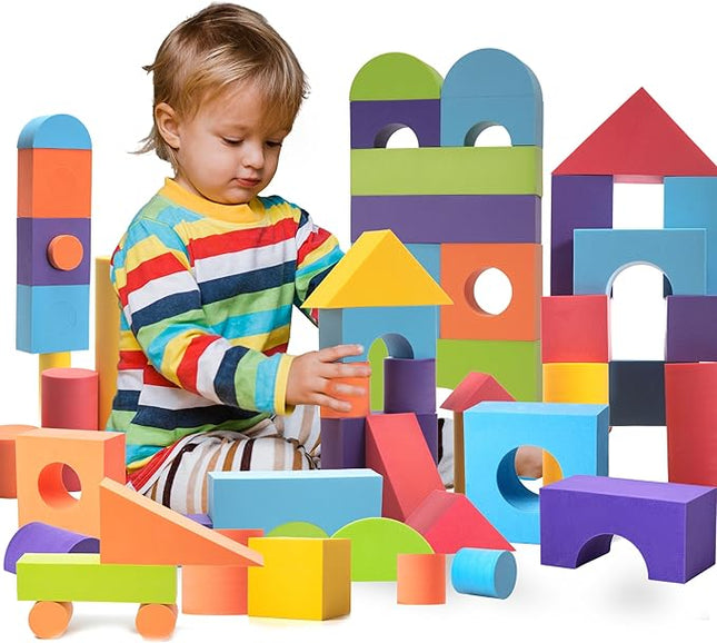 Set of 34 Large Foam Blocks for Toddlers - Stacking Soft Blocks for Kids with Shapes & Colors Learning - Construction Building Preschool Toys - Soft Toy for Daycare Toddlers 3-5 & Above