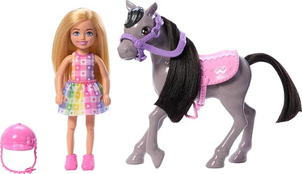 Barbie Chelsea Doll & Toy Horse Set, Includes Helmet Accessory & Saddle, Small Doll Bends at Knees to “Ride” Gray Pony