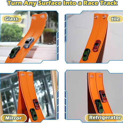 Upgrade Flexible Race Track for Hot Wheels Cars Flex Tracks for Kids 3+, 15Ft Race Car Track Compatible with Hot Wheels, Matchbox and Diecast 1/64th Cars, Roll Up Car Ramp Toy with Strong Suction Cups