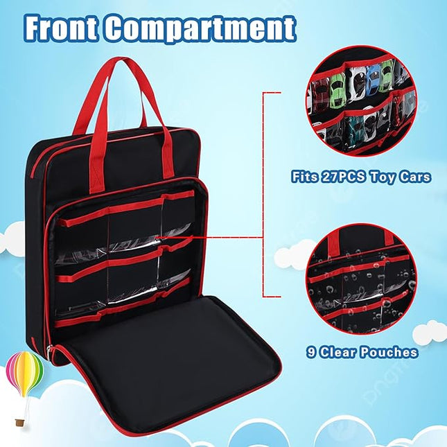 Toy cars Carrying Case Compatible with Hot Wheels Up to 99pcs, Portable Car Toy Storage Organizer Bag for 1/64 Scale Toy Cars, Matchbox Cars, Dolls, Mini Toys, Bag Only(Red)
