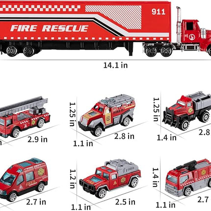 TEMI Diecast Emergency Fire Rescue Vehicle Toy Set w/Play Mat, Truck Carrier,Ambulance, Alloy Metal Fighting Car for 3 4 5 6 Years Old Toddlers Kids Boys and Girls