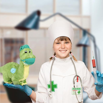 DolliBu Green Dinosaur Doctor Plush Toy - Super Soft Dinosaur Doctor Stuffed Animal Dress Up with Cute Face Mask and Cap Outfit - Gift for Doctor, Nurse, Surgeon - 10 Inch