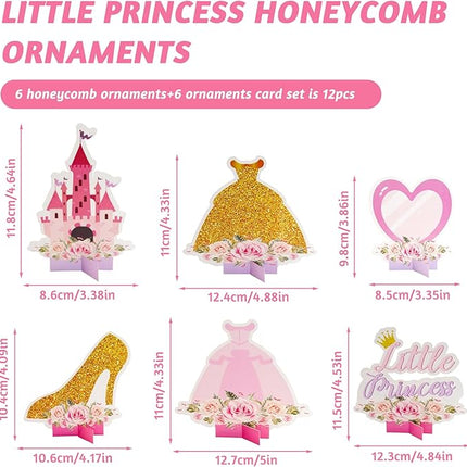 12 PCS Princess Party Honeycomb Centerpieces Decorations, Pink and Gold Party Table Topper Centerpieces for Girls Birthday Christmas Party (Princess Set)