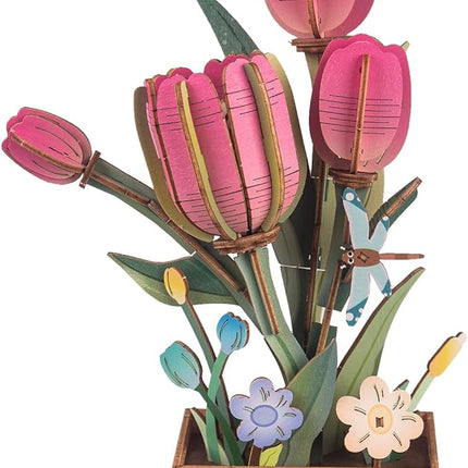 3D Wooden Flower Puzzles for Adults Pink Tulip, DIY Artificial Flower Building Set Wooden Bloom Craft Kits Home Decoration, for Women Mom Birthday Thanksgiving Christmas Valentine's Day