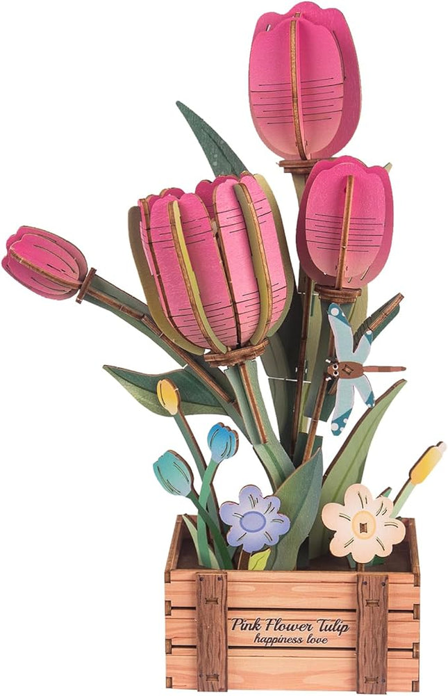 3D Wooden Flower Puzzles for Adults Pink Tulip, DIY Artificial Flower Building Set Wooden Bloom Craft Kits Home Decoration, for Women Mom Birthday Thanksgiving Christmas Valentine's Day