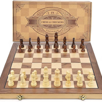 AMEROUS 15'' Magnetic Wooden Chess & Checkers Game Set -2 Extra Queens -24 Cherkers Pieces - Chessmen Storage Slots, Beginner Chess Set for Kids and Adults, Classic 2 in 1 Board Games