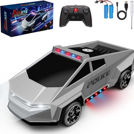 RC Remote Control Car Cybertruck Toy, Police Car Toy 2.4GHz, LED Lights, 2 Rechargeable Batteries, Ideal Gift for Boys Girls Ages 3+ Years