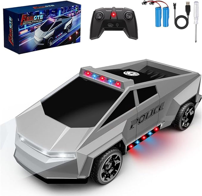 RC Remote Control Car Cybertruck Toy, Police Car Toy 2.4GHz, LED Lights, 2 Rechargeable Batteries, Ideal Gift for Boys Girls Ages 3+ Years