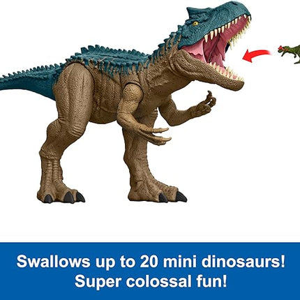 Mattel Jurassic World Super Colossal Allosaurus Action Figure, Extra Large Dinosaur Can Swallow 20 Mini Figures, 38-inch Long XL Action Play Toy