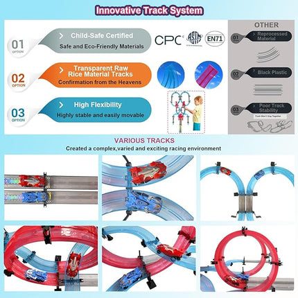 Toy Car Track Set Race Dual-Player with 4 Super Pull-Back Racing Cars, 360°Loops, Turns and Crossover High-Speed Racing Game Circular Overpass Track Gifts Birthday Toys for Boys Kids Age 6 7 8-12