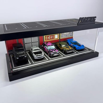 1/64 Model Car Display Case - Compatible with Hot Wheels Matchbox Mini GT Diecast Cars,Acrylic Box for Toy Cars Display Décor and Storage,Stackable Garage Diorama with LED Lights(1T-JPTheater)