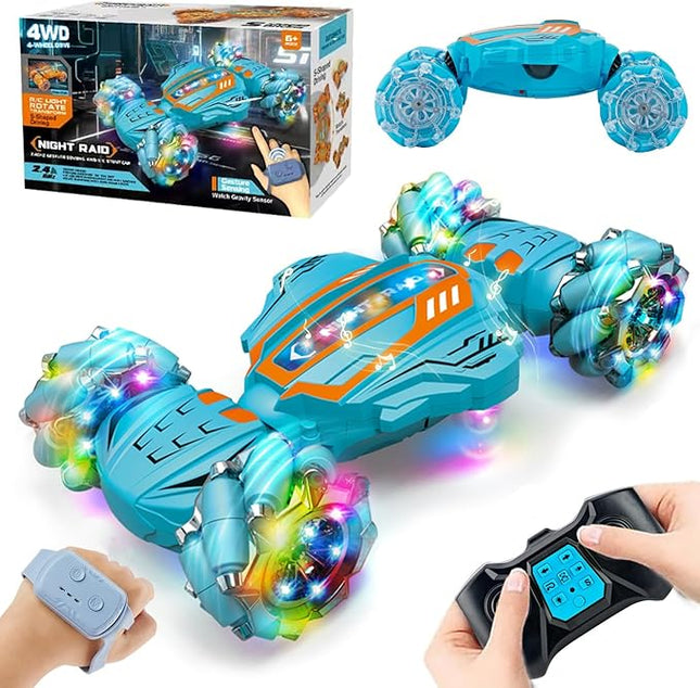 Gesture Sensing RC Stunt Car-Best Gifts for Boys 6-12 Years Old,2.4GHz 4WD Remote Control Twist Car with 360° Rotation, Music & Cool Lights,Off-Road Vehicle with Dual Batteries (Blue)