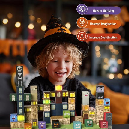 Magnetic Blocks -137PCS Lights Halloween Building Blocks,World Magnetic Tiles Kids Build Cubes 3+,STEM Toys for 3-5 4-8 5-7 Year Old Boys,Sensory Creative Activities Birthday Gift