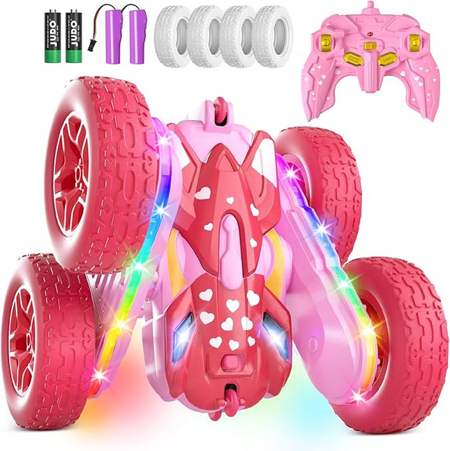 Remote Control Car for Girls, Pink RC Cars Stunt RC Car Girl Toys for Girls Double-Sided 360° Rotating with Headlights 4WD Kid Toys for Birthday Gifts (Pink)
