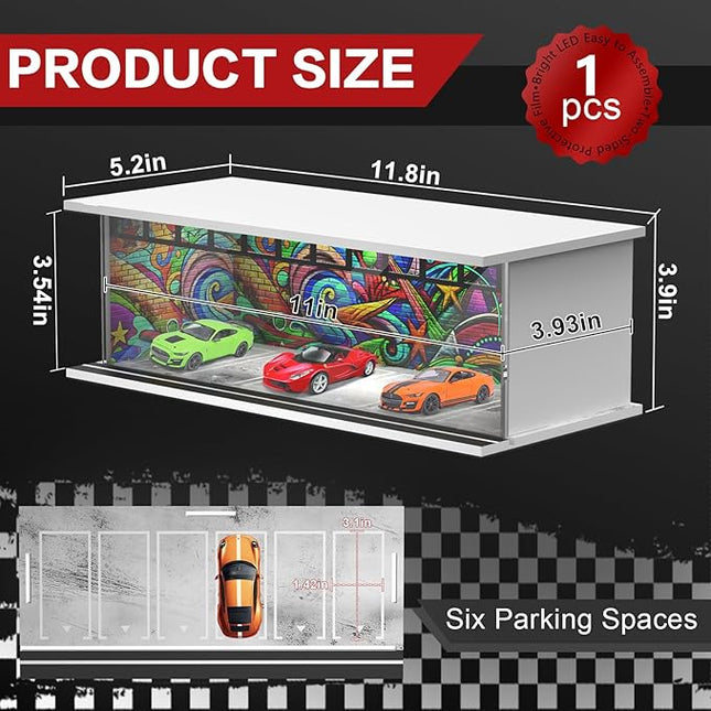 1/64 Scale Diecast Display Case for Hot Wheels Matchbox Cars, Toy Car Model Mini Garage with LED Light and Acrylic Cover, Stackable Parking Lot Diorama Storage for Collection Present