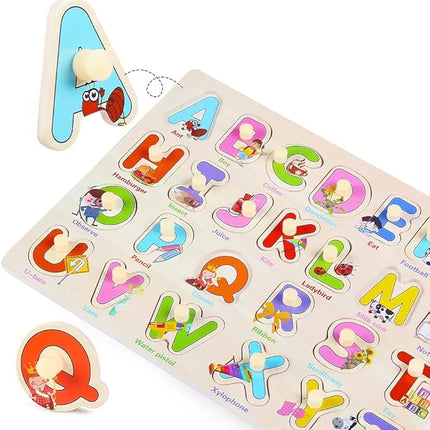 GRINNNIE Wooden Montessori Toddler Puzzles for 3 4 5 Years Old, 3 Pcs (Number, Letter, Shape) Kids Preschool Educational Peg Puzzle Set