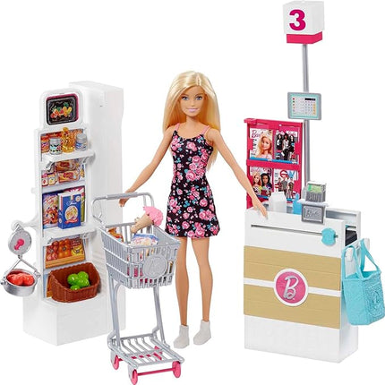 Barbie Doll, Blonde, and Grocery Store with Rolling Cart and Working Belt